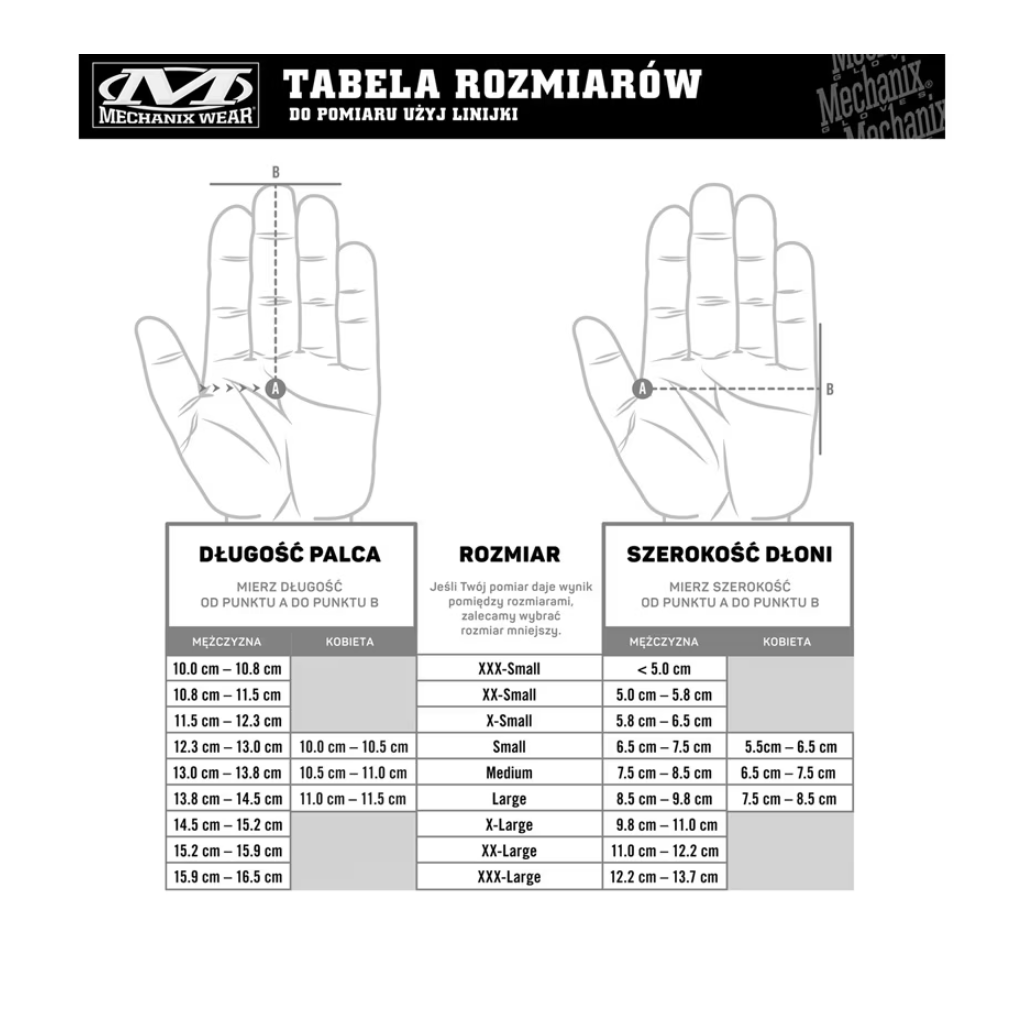 Tabelka wymiarów Rękawic taktycznych Mechanix