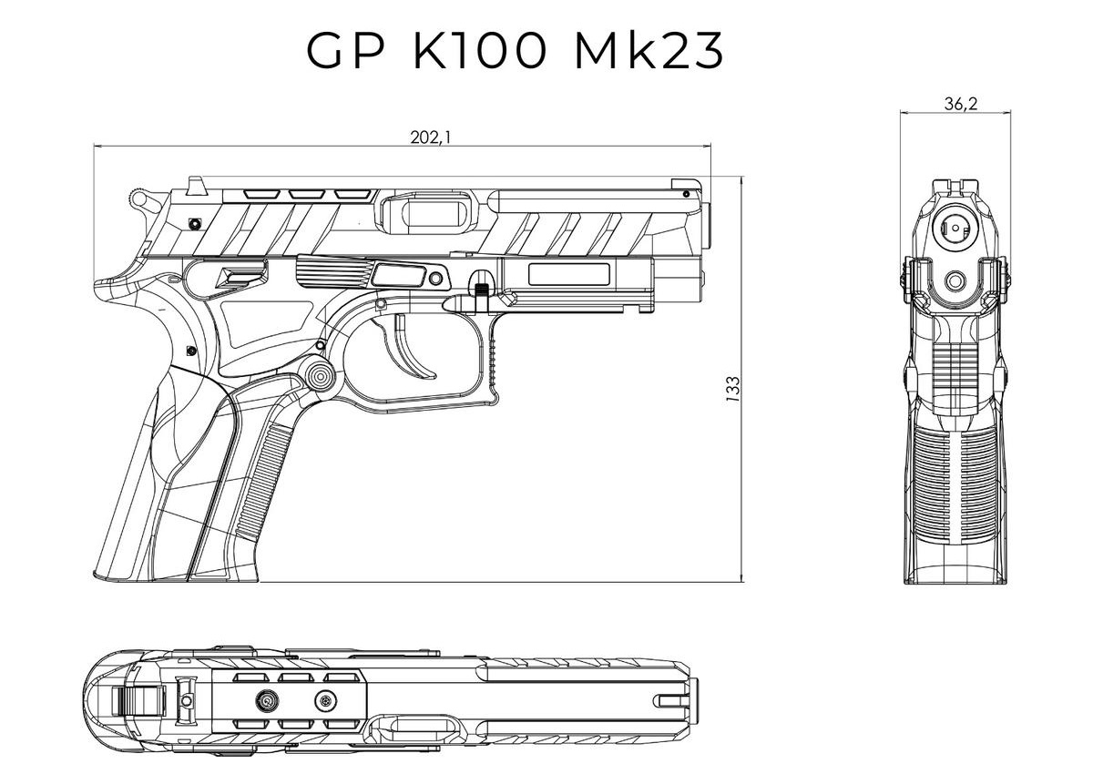 Schemat i wymiary pistoletu K100 MK23 OR